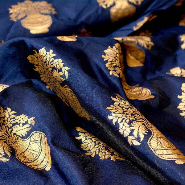Royal Blue and Golden flower pot brocade silk fabric-645