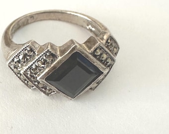 スターリングシルバー オニキス マーカサイト リング - アールデコ