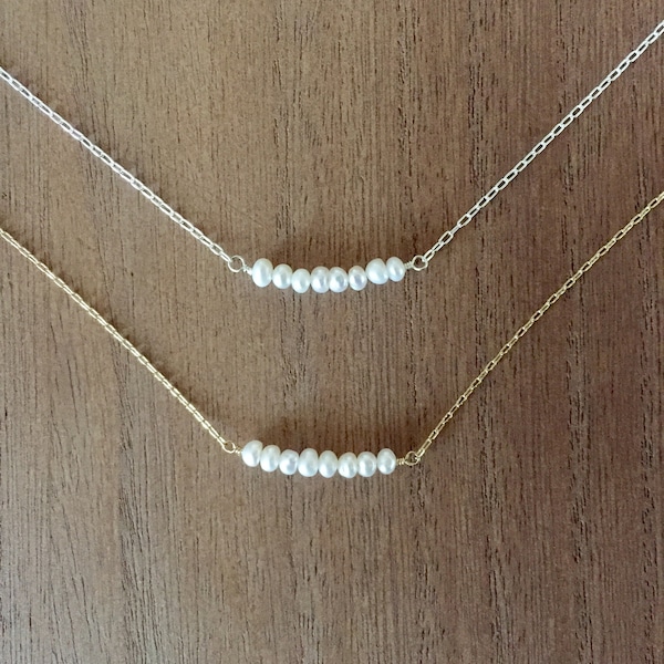 Pearl bar necklace/ small pearl necklace/ dainty pearl necklace/ delicate pearl necklace/ bridesmaids gift/ bridal jewelry/ pearl bar