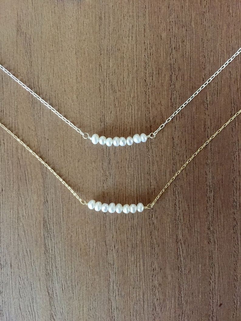 Pearl bar necklace/ small pearl necklace/ dainty pearl necklace/ delicate pearl necklace/ bridesmaids gift/ bridal jewelry/ pearl bar image 1