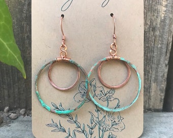 Copper patina hoop earrings