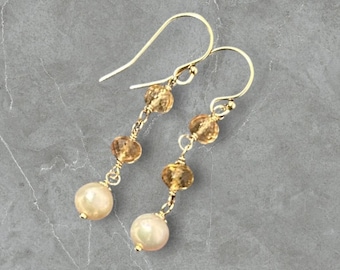 Pearl and Imperial Topaz earrings