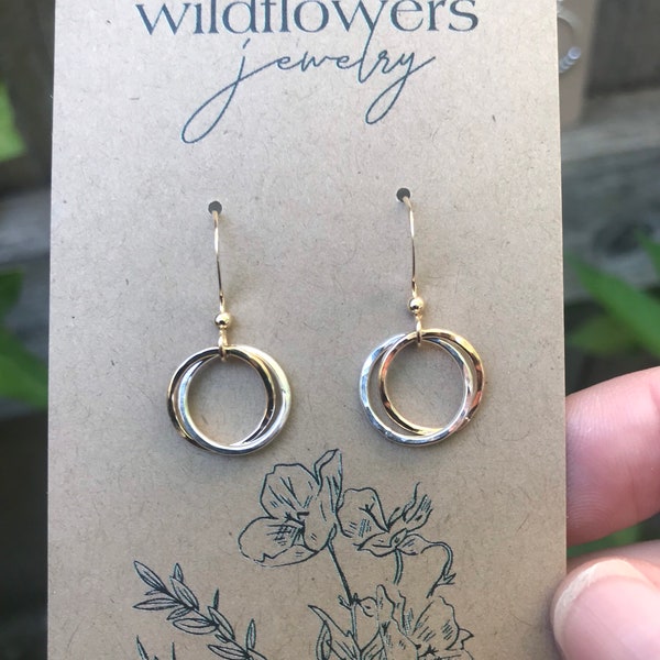Hammered mixed metal earrings/ silver gold link earrings/hammered gold earrings