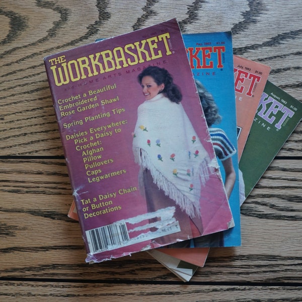 Lot of 4 Vintage Workbasket and Home Arts Magazines - Apr 1983, May 1983, Jul 1983, Aug 1983; Knitting, Crochet, Sewing, Embroidery, Recipes