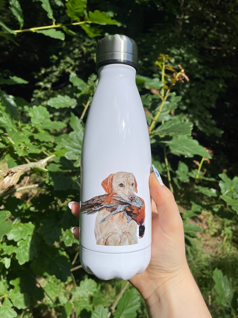 Pu&ograve; includere: Borraccia isolata bianca con tappo argentato. La borraccia presenta un'illustrazione dettagliata di un Labrador Retriever giallo che tiene un fagiano. Lo sfondo &egrave; verde naturale con la luce del sole.