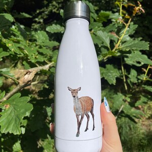 Pu&ograve; includere: Borraccia isolante bianca con tappo argentato. La borraccia presenta un'illustrazione dettagliata di un cervo nei toni del marrone e del beige. Lo sfondo &egrave; un rigoglioso fogliame verde.