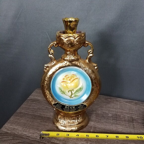 Jim Beam Gold W/Yellow Rose Empty Bottle Decanter Barware Etsy
