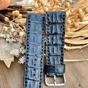 Black Genuine Alligator Horn-back Watch Band Leather Handmade Designer, Watch Bands&Straps Men, Woman, Watches Strap 24mm, Length 120mm/85mm