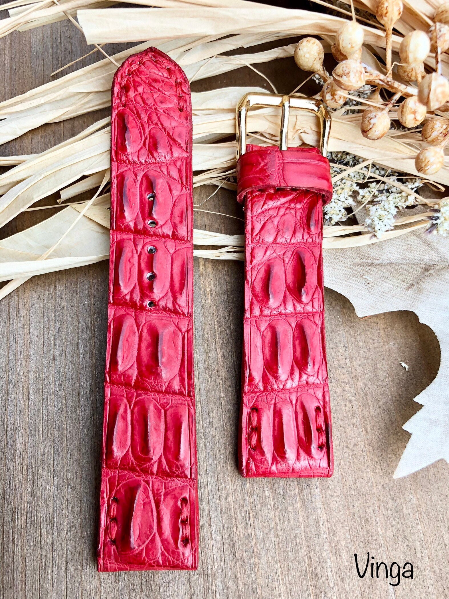 Red Genuine Alligator Horn-back Watch Band Leather Handmade