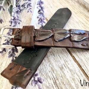 Brown Genuine Alligator Horn-back Watch Band Leather Handmade Designer, Watch Bands&Straps Men Women Watches Strap 22mm Length 120mm/80mm