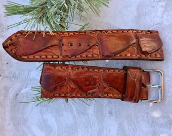 Handmade Brown Alligator Horn-back Leather Watch Band, 24mm