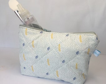Toiletries, makeup bag, high zippered bag, fleece kit, pale green and yellow pattern