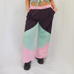 High Waisted Wide Leg Trousers, Handmade Pink Trousers, Handmade Green Trousers, High Waisted Panelled Trousers, Wide Leg Trousers image 1