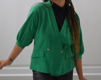 Green Vintage Blouse, Green Vintage Shirt, Vintage Green Jacket, Puff Sleeve Blouse