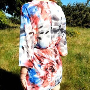 Floral Printed Abstract Kimono, Floral Beach Cover Up, Red and Blue Kimono, Handmade Kimono, Handmade Robe, Summer Kimono, Tie Up Robe image 4