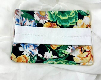 Handmade Purse, Handmade Card Holder, Fold Over Pouch, Pattern Fabric Purse, Coin Purse, Black floral design