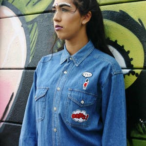 Upcycled Denim Jacket,pop art denim jacket, customised denim shirt, recycled denim, London clothes, festival fashion, street fashion clothes image 1