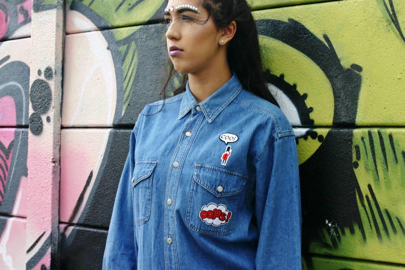 Upcycled Denim Jacket,pop art denim jacket, customised denim shirt, recycled denim, London clothes, festival fashion, street fashion clothes image 1