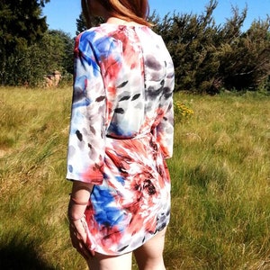 Floral Printed Abstract Kimono, Floral Beach Cover Up, Red and Blue Kimono, Handmade Kimono, Handmade Robe, Summer Kimono, Tie Up Robe image 2