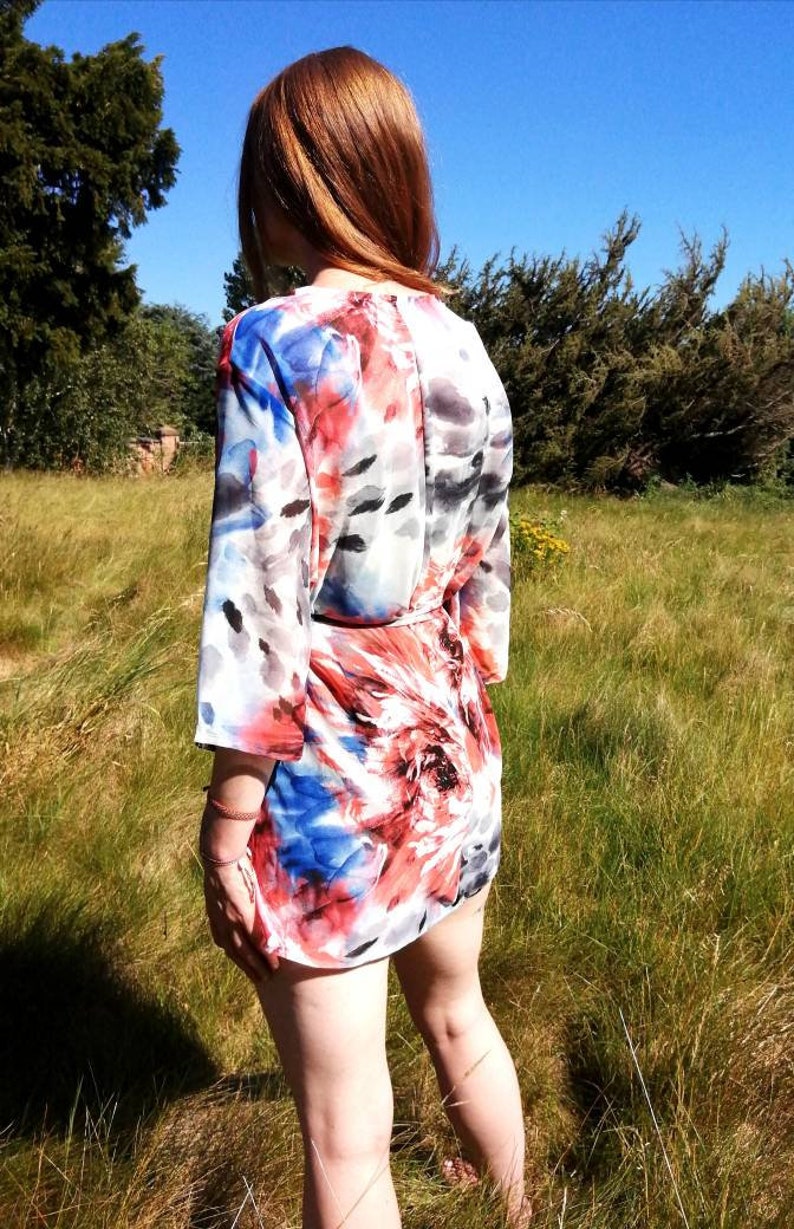 Floral Printed Abstract Kimono, Floral Beach Cover Up, Red and Blue Kimono, Handmade Kimono, Handmade Robe, Summer Kimono, Tie Up Robe image 2