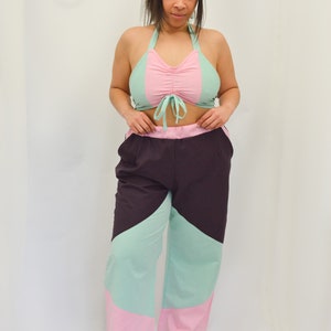 High Waisted Wide Leg Trousers, Handmade Pink Trousers, Handmade Green Trousers, High Waisted Panelled Trousers, Wide Leg Trousers image 3