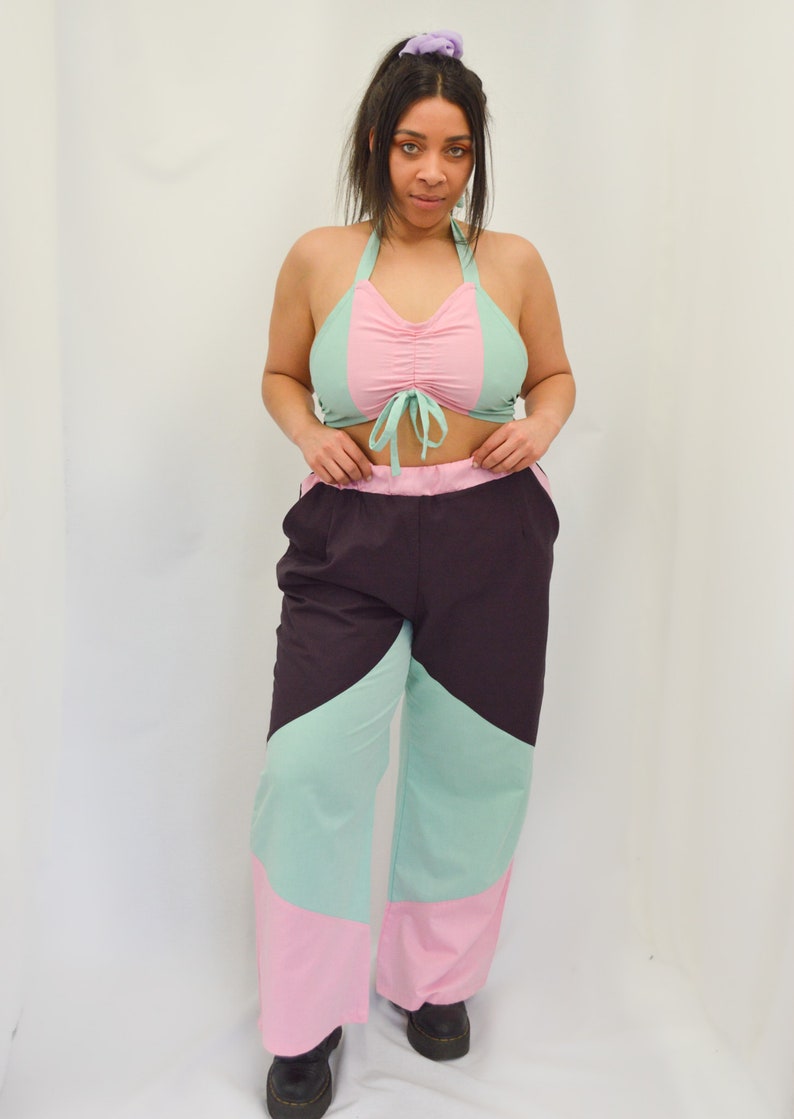 High Waisted Wide Leg Trousers, Handmade Pink Trousers, Handmade Green Trousers, High Waisted Panelled Trousers, Wide Leg Trousers image 3