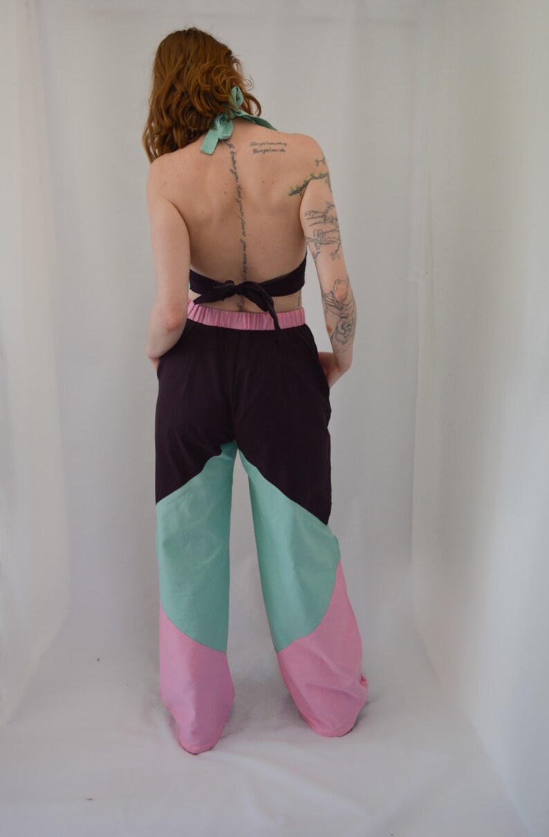 High Waisted Wide Leg Trousers, Handmade Pink Trousers, Handmade Green Trousers, High Waisted Panelled Trousers, Wide Leg Trousers image 4