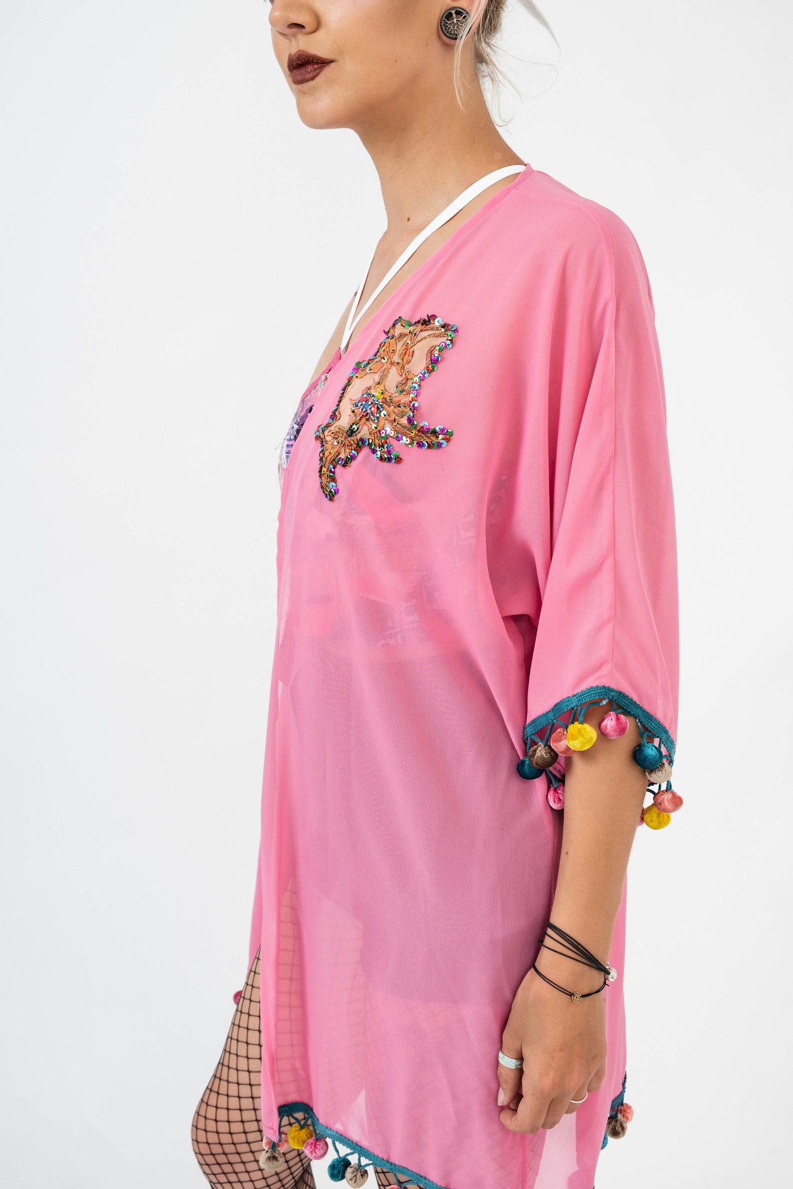 Pink Sequin Kimono Pink Pom Pom Kimono Handmade Kimono Pink Etsy