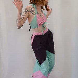 High Waisted Wide Leg Trousers, Handmade Pink Trousers, Handmade Green Trousers, High Waisted Panelled Trousers, Wide Leg Trousers image 2