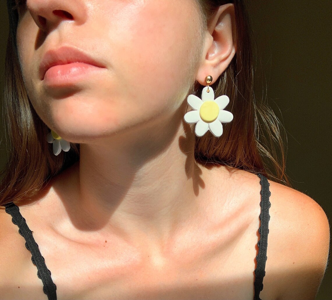 Daisy Hoops Polymer Clay Daisy Hoop Earrings Stud Etsy