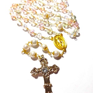Stained Glass Pearl Rosary: Gold Rhinestone Cross