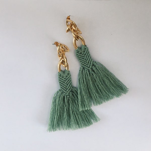 Green Dangle Macrame Earrings - ||Statement Earrings, Gold, Tassels, Customised, Trendy, Boho, Gifts for her, Gifts for him