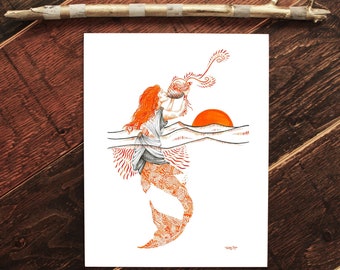 Hail to the Sunrise - Mermaid Blowing Conch Shell (Fine Art Archival Print)