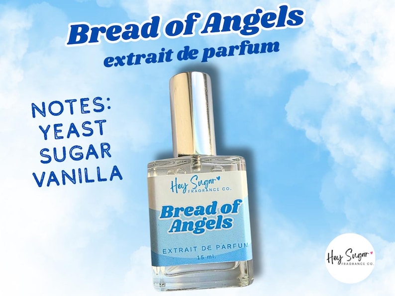 Elegant bottle of bread of angels perfume displayed on a soft background inspired by angel's bread fragrance.The scoremont perfume features cozy notes of warm milk bread.Golden sugar vanilla and caramel, a dreamy bakery sent that captures the essence of fresh sweet bread from heaven.Ideal for lovers of unique niche fragrances and comforting edible smelling perfumes.Small batch artisan made by hayes sugar fragrance company. Gift for her, perfume samples bronze fox fragrance