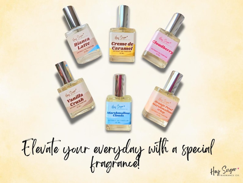 May include: Six small glass bottles of perfume with silver caps and colorful labels. The labels have names like "Bianca Latte", "Creme de Caramel", "Cloudberry", "Vanilla Crush", "Marshmallow Clouds", and "Orange Petal Marshmallow Whip". The bottles are arranged in a circle on a light yellow background. The text "Elevate your everyday with a special fragrance!" is written below the bottles. The text "Hey Sugar" is written in the bottom right corner.