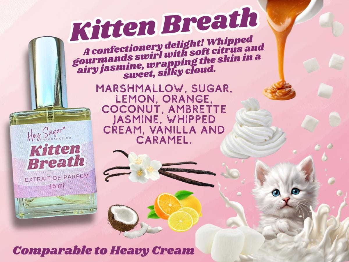 Kitten Breath Perfume, a creamy gourmand fragrance, milky and lactonic notes, gift for cat and perfume lover, fragrance, body mist, vanilla
