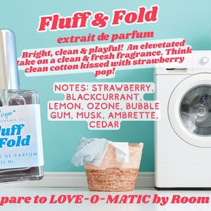 May include: A perfume bottle labeled "Fluff & Fold" with a silver cap, next to a washing machine and a laundry basket. The label says "extrait de parfum 15 mL" and lists fragrance notes: strawberry, blackcurrant, lemon, ozone, bubble gum, musk, ambrette, and cedar.