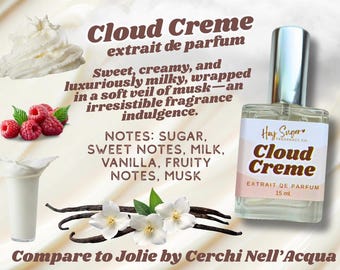May include: A perfume bottle labeled "Cloud Creme extrait de parfum" with a silver cap, next to images of raspberries, whipped cream, vanilla beans, and flowers. The label includes the text "Hey Sugar Fragrance Co." and "15 ml."