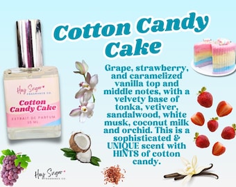 May include: A bottle of perfume labelled "Hey Sugar Fragrance Co. Cotton Candy Cake" with a pink and white cotton candy cake in the background. The description reads "Grape, strawberry, and caramelized vanilla top and middle notes, with a velvety base of tonka, vetiver, sandalwood, white musk, coconut milk and orchid. This is a sophisticated & UNIQUE scent with HINTS of cotton candy."