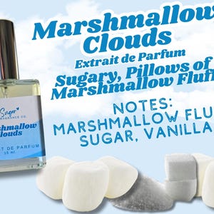 May include: A clear glass bottle with a white label that reads "Hey Sugar Fragrance Co. Marshmallow Clouds Extrait de Parfum 15 ml." The bottle is filled with a light yellow liquid. The background is a blue sky with white clouds. The text "Marshmallow Clouds" is written in large blue letters across the top of the image. The text "Sugary, Pillows of Marshmallow Fluff" is written in blue letters below the bottle. The text "NOTES: MARSHMALLOW FLUFF, SUGAR, VANILLA" is written in blue letters at the bottom of the image.