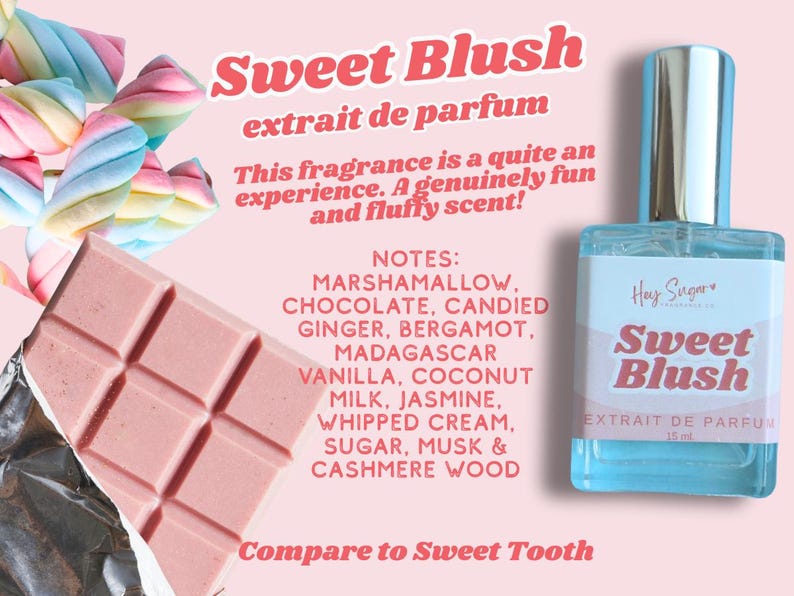 sweet blush perfume, sweet tooth perfume dupe, sabrina carpenter dupe, chocolate marshmallow perfume, gourmand perfume for women, sweet candy perfume, cozy vanilla perfume, cashmere musk scent, coconut milk perfume, romantic sweet fragrance, flirty feminine perfume, 15ml travel perfume, holiday gift for her, secret santa gift idea, stocking stuffer perfume, affordable gourmand perfume, creamy vanilla scent, sweet perfume etsy, dessert inspired perfume, cozy fall winter fragrance