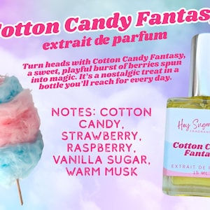 May include: A cotton candy confection in pink and blue next to a perfume bottle. The bottle is labeled "Cotton Candy Fantasy" with a pink and blue label. The fragrance notes include cotton candy, strawberry, and vanilla sugar.