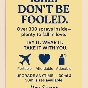 May include: A yellow poster with navy blue text that reads "15ml? DON'T BE FOOLED." It advertises a fragrance with over 300 sprays. Includes icons for a plane, heart, and perfume bottle. The brand name is "Hey Sugar."