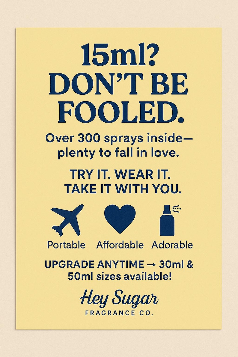 May include: A yellow poster with navy blue text that reads "15ml? DON'T BE FOOLED." It advertises a fragrance with over 300 sprays. Includes icons for a plane, heart, and perfume bottle. The brand name is "Hey Sugar."