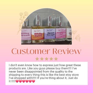 May include: A collection of perfume bottles with silver caps and labels. The labels read "Kitten Breath", "Sticky Dates", "Sweet Escape", and "Strawberry Fluff". The image includes a customer review with five stars.