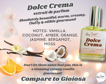 Perfume Dolce Crema: vainilla cremosa, fragancia gourmand, comparar con Gioiosa, perfume de nicho, vainilla italiana dulce, chica limpia, capas