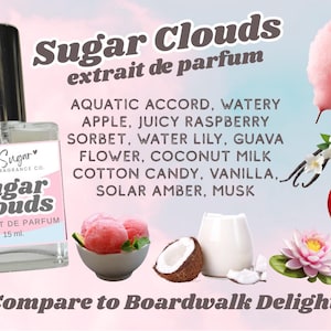 May include: A perfume bottle labeled "Sugar Clouds extrait de parfum 15 ml" with a silver cap. The image includes a cotton candy, apple, sorbet, coconut, and a water lily. The scent notes are listed as aquatic accord, apple, raspberry, sorbet, water lily, and more.