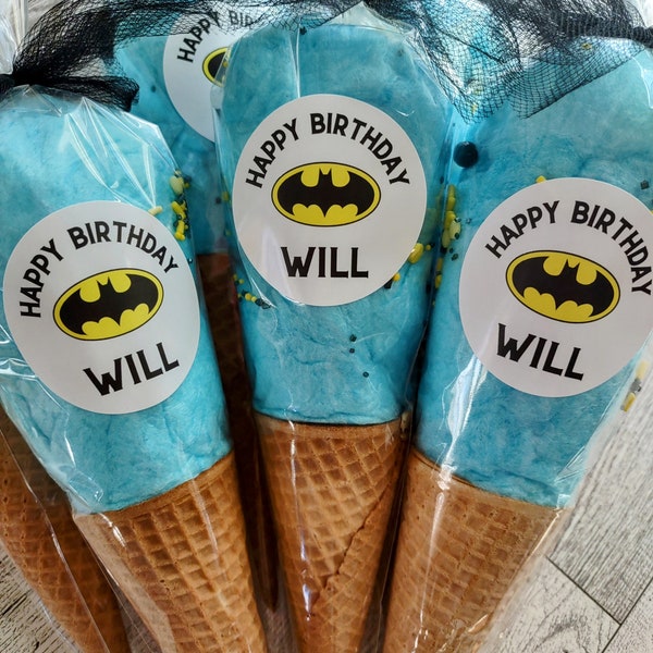 Ten - Batman Birthday Party Cotton Candy Cone Favor, dessert table treat, favor bag, super hero favor, DC comics, blue cotton candy cones