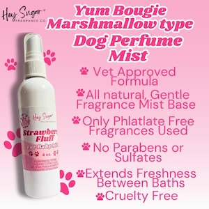 kayali yum bougie marshmallow, kayali perfume, dog perfume, marshmallow dog perfume, strawberry dog perfume, tum bougie dog perfume, dog collar, pet tag, dog grooming, dog coat care, dog deodorizer, dog brush, organic dog shampoo, vegan dog shampoo