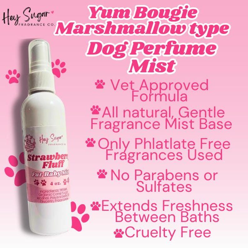 kayali yum bougie marshmallow, kayali perfume, dog perfume, marshmallow dog perfume, strawberry dog perfume, tum bougie dog perfume, dog collar, pet tag, dog grooming, dog coat care, dog deodorizer, dog brush, organic dog shampoo, vegan dog shampoo